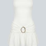 Beyaz Gold Toka Detaylı Mini Elbise