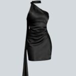 Drapeli Asimetrik Yaka Gece Elbisesi